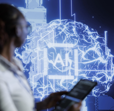 System administrator updates neural networks made of interconnected nodes, writing intricate binary code scripts on tablet. High tech facility worker uses programming to upgrade AI simulation model